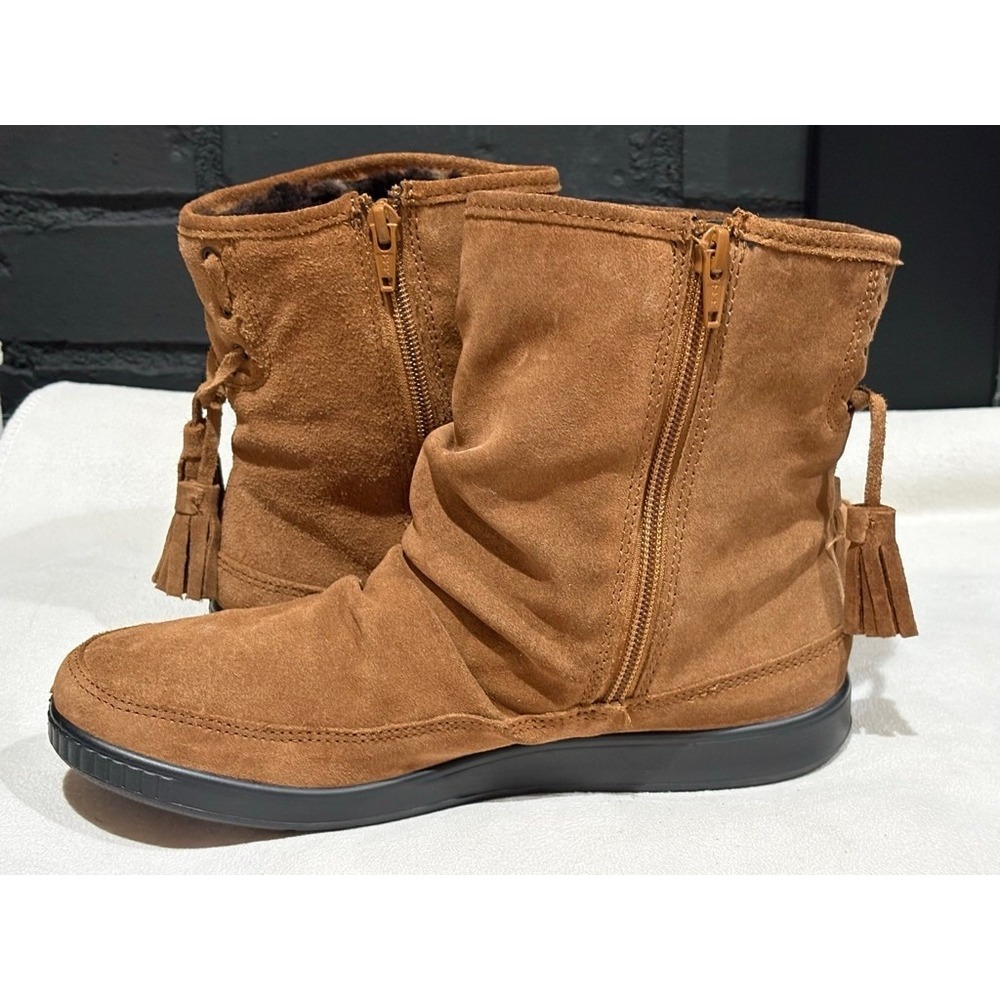 Hotter Women Tan Suede Slouch Ankle Boots Tassel Detail Side Zip Brown Size 5 UK